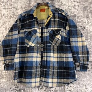 Vintage CPO Plaid Flannel Shirt Jacket Mens Large Blue Wool Blend Shacket Coat